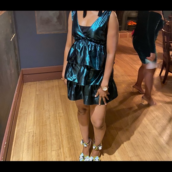 Zara metallic green tiered mini dress. - Picture 1 of 4